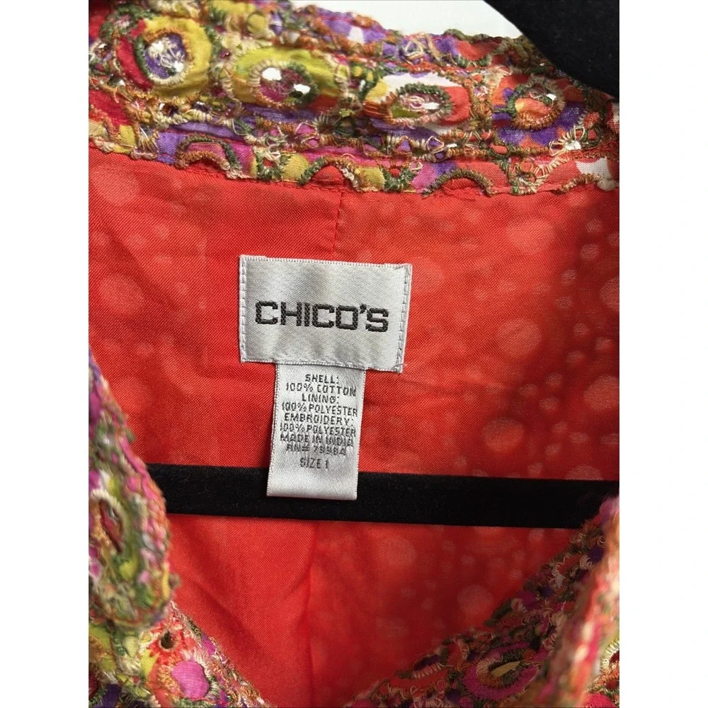 Chico's Embroidered Eyelet Trucker Jacket Womens Size 1 M Multicolor Cotton Boho